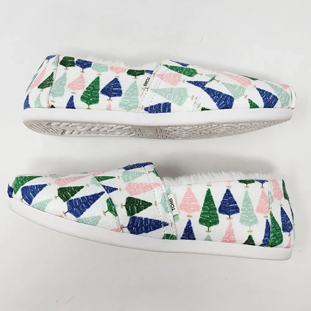 TOMS X Paper Source Espadrilles Women 5.5 Colorful Trees with faux fur edge Flat